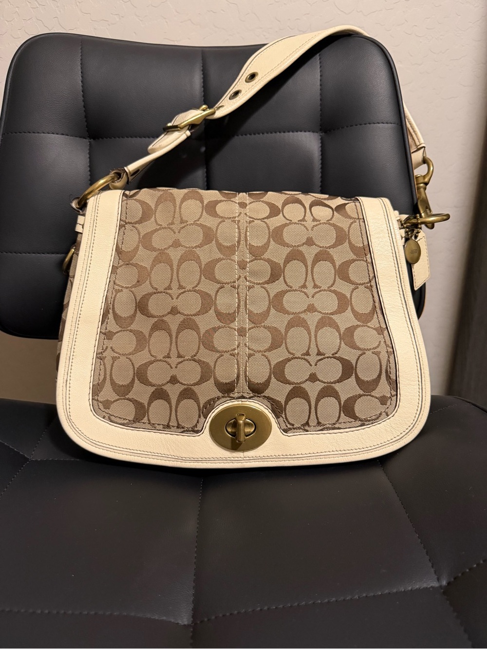 Coach Signature Canvas Saddle Bag in Khaki and Chalk